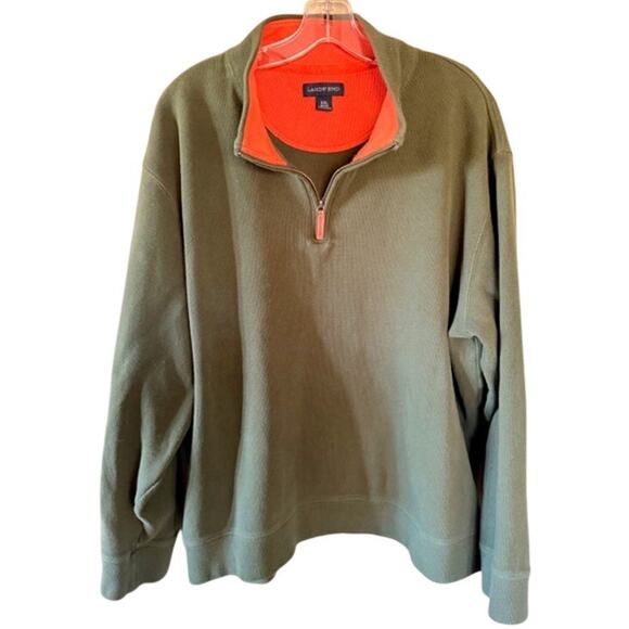 Lands’ End Men’s XXL 100% Cotton Olive w/ Orange Trim Quarter-Zip Pullover - Picture 2 of 6